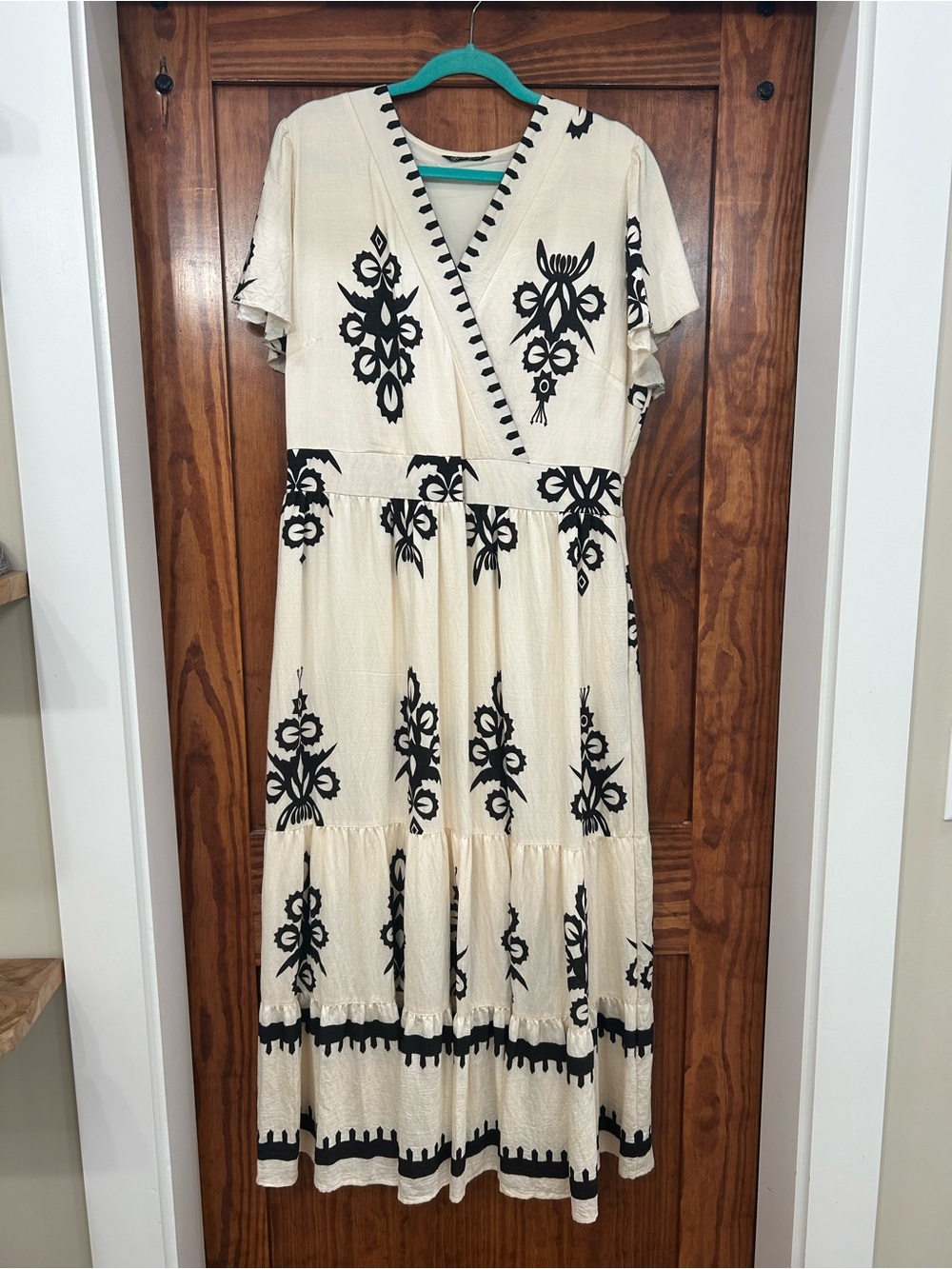 Cream and Black Embroidered Wrap Midi Dress